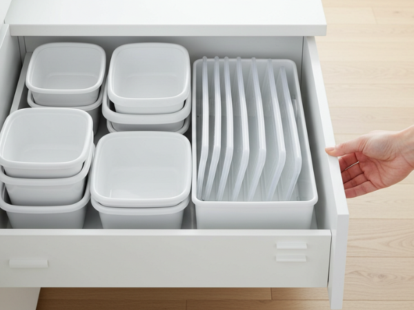 organização de potes de plásticos
