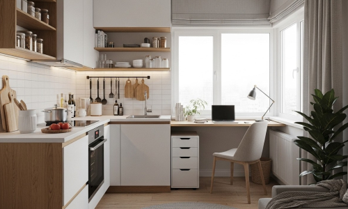 Cozinha integrada com home office